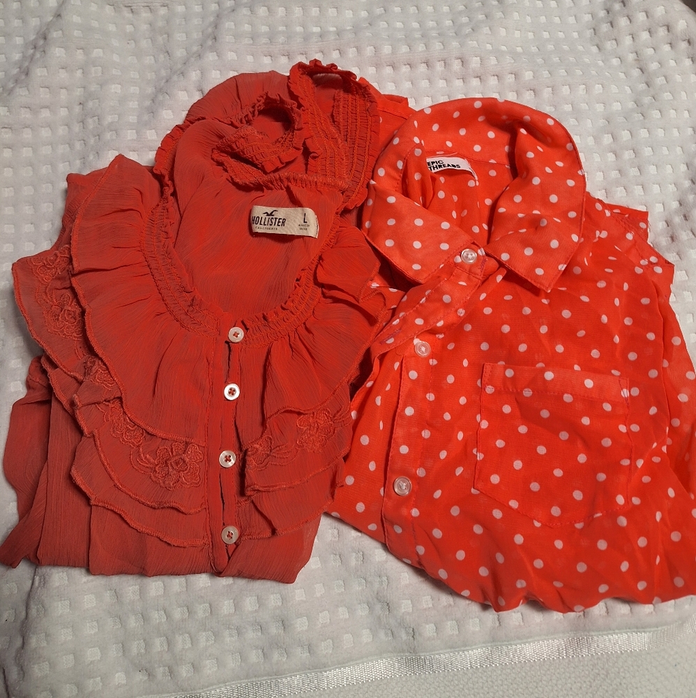Hollister Womens Size L Smock Shirt Red Ruffle 3/4 Sleeve Button-Up Epic Lot 2